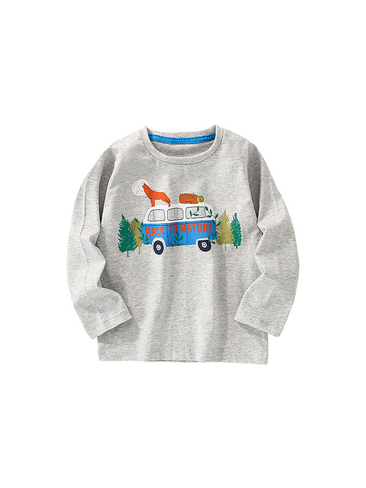 Infant Baby Boy Cartoon Pattern Crewneck Casual Shirt in light blue with playful cartoon designs, perfect for everyday wear.