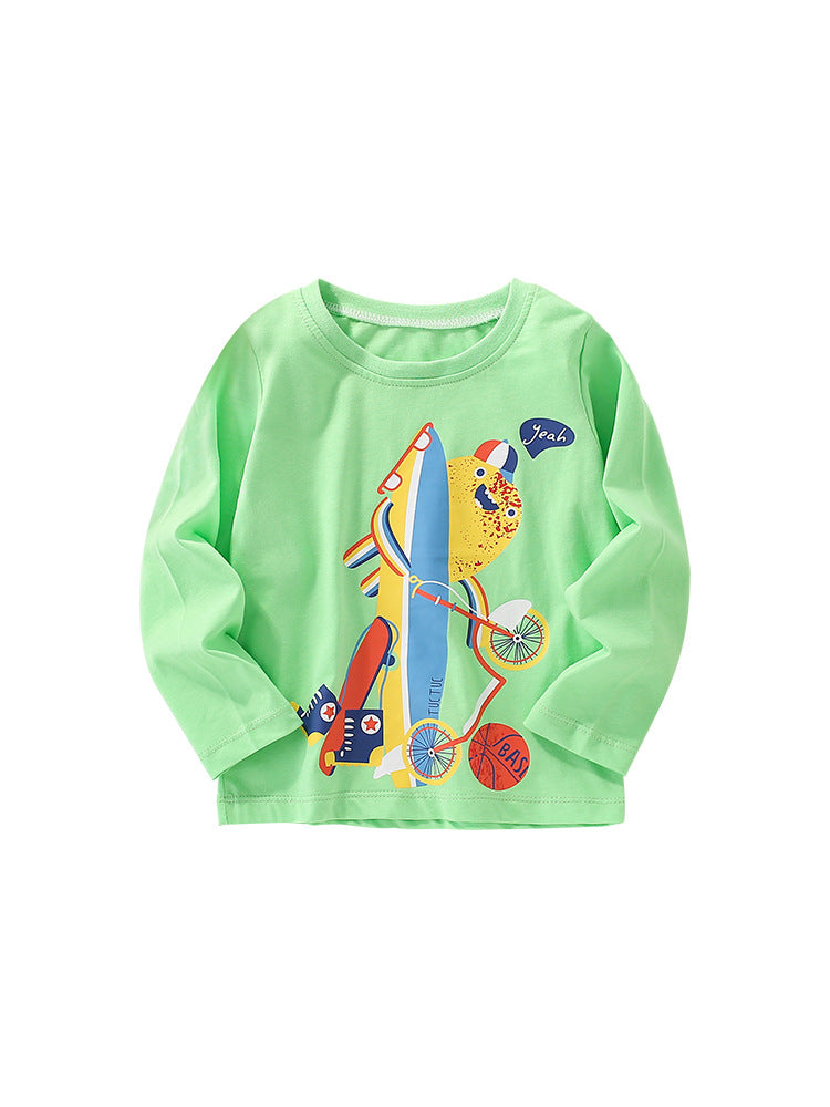 Infant Baby Boy Cartoon Pattern Crewneck Casual Shirt in light blue with playful cartoon designs, perfect for everyday wear.