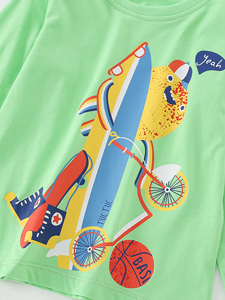 Infant Baby Boy Cartoon Pattern Crewneck Casual Shirt in light blue with playful cartoon designs, perfect for everyday wear.