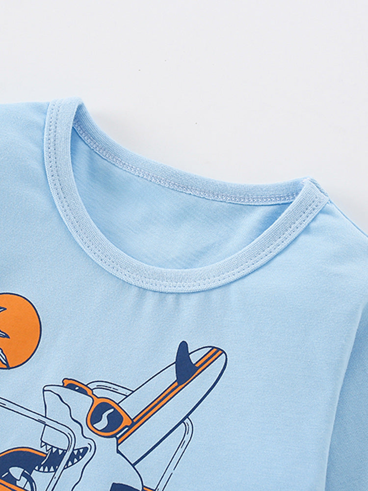 Infant Baby Boy Cartoon Pattern Crewneck Casual Shirt in light blue with playful cartoon designs, perfect for everyday wear.