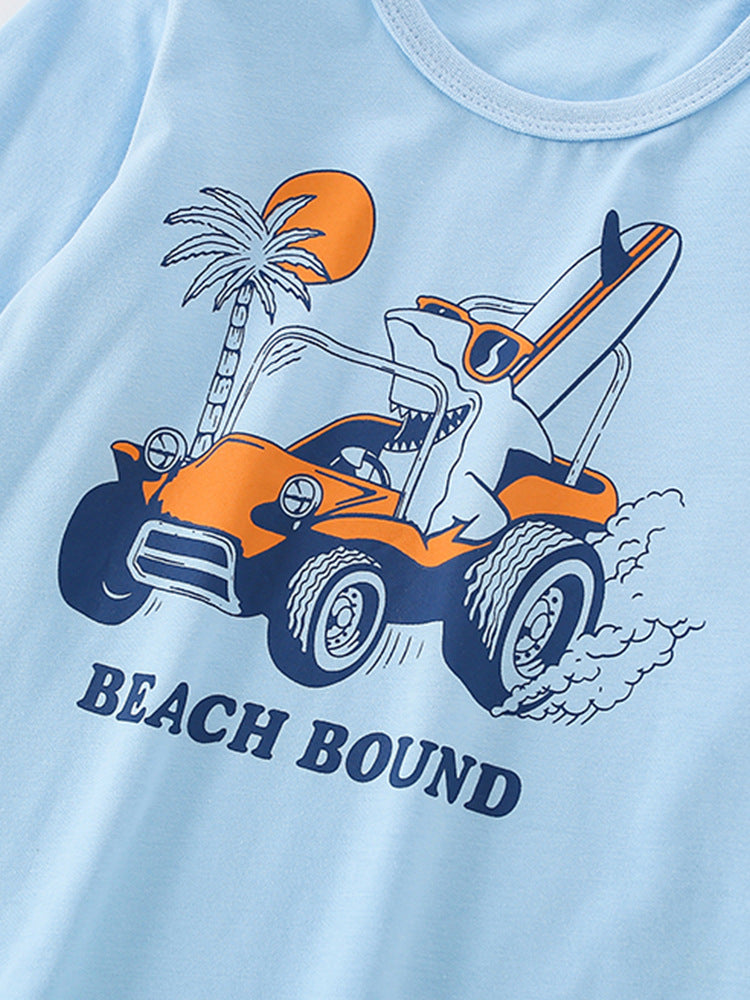 Infant Baby Boy Cartoon Pattern Crewneck Casual Shirt in light blue with playful cartoon designs, perfect for everyday wear.