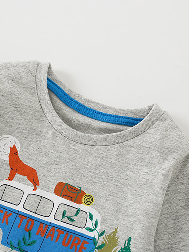 Infant Baby Boy Cartoon Pattern Crewneck Casual Shirt in light blue with playful cartoon designs, perfect for everyday wear.