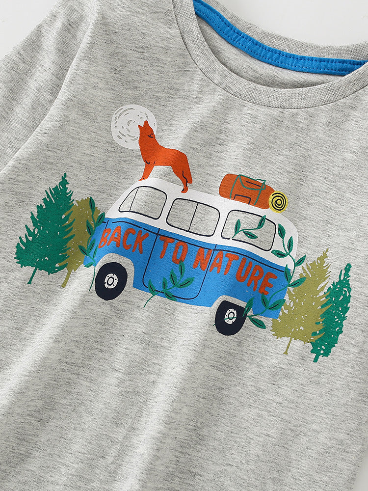 Infant Baby Boy Cartoon Pattern Crewneck Casual Shirt in light blue with playful cartoon designs, perfect for everyday wear.