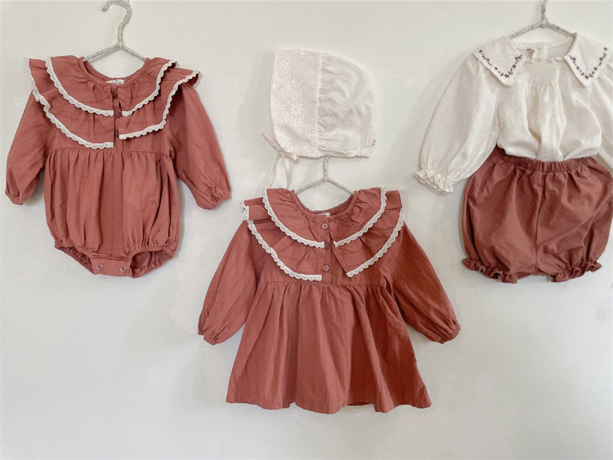 Infant Baby Girl Double Layer Laces Lapel Dress&Onesie in pink with lace detailing, perfect for spring and autumn wear.