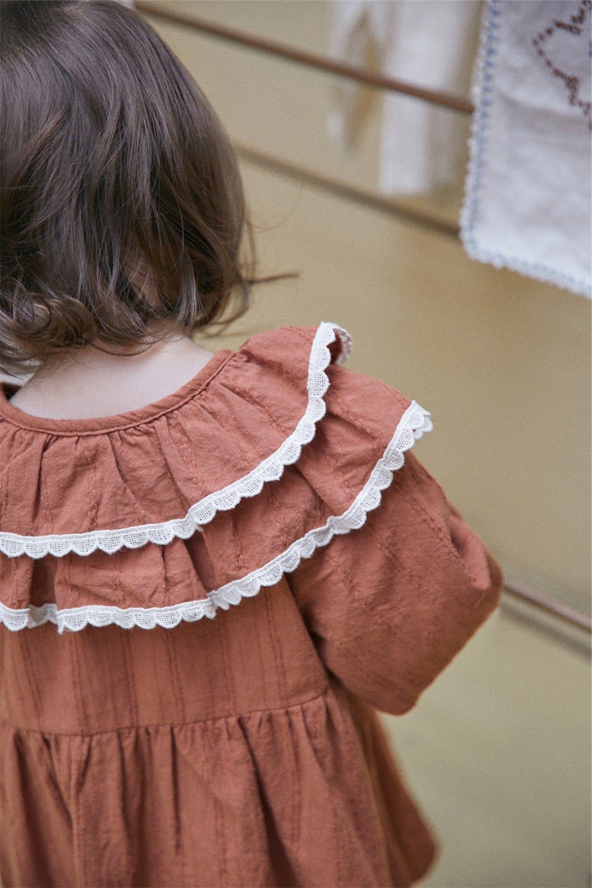 Infant Baby Girl Double Layer Laces Lapel Dress&Onesie in pink with lace detailing, perfect for spring and autumn wear.