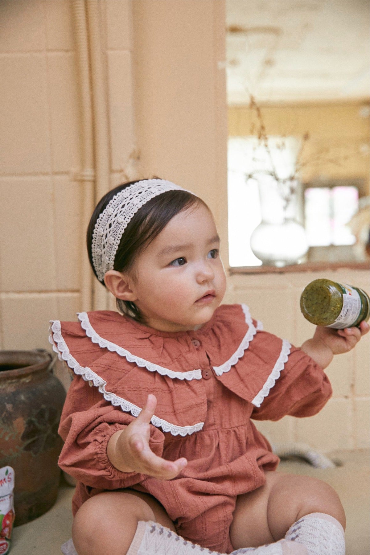 Infant Baby Girl Double Layer Laces Lapel Dress&Onesie in pink with lace detailing, perfect for spring and autumn wear.