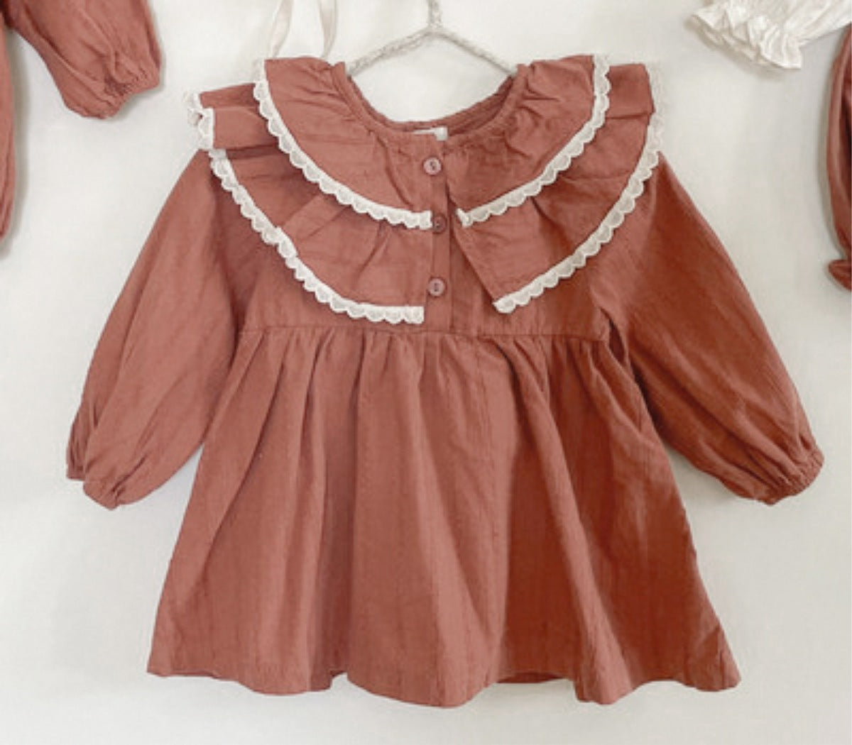 Infant Baby Girl Double Layer Laces Lapel Dress&Onesie in pink with lace detailing, perfect for spring and autumn wear.