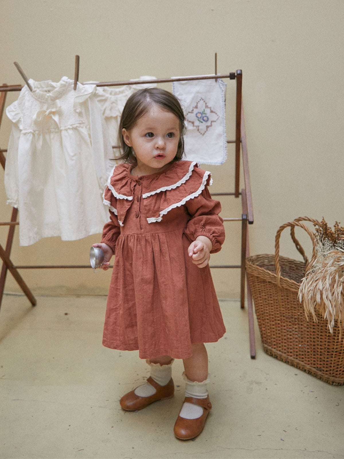 Infant Baby Girl Double Layer Laces Lapel Dress&Onesie in pink with lace detailing, perfect for spring and autumn wear.