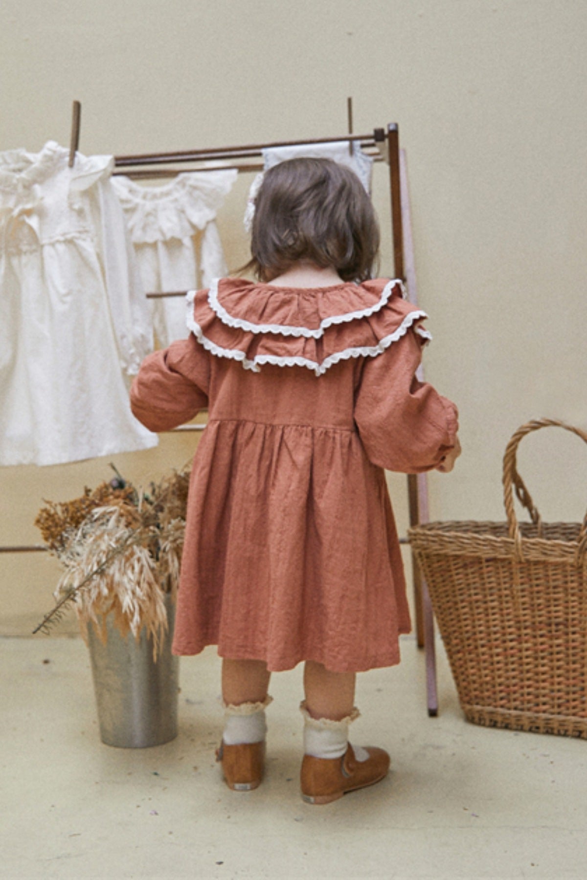 Infant Baby Girl Double Layer Laces Lapel Dress&Onesie in pink with lace detailing, perfect for spring and autumn wear.