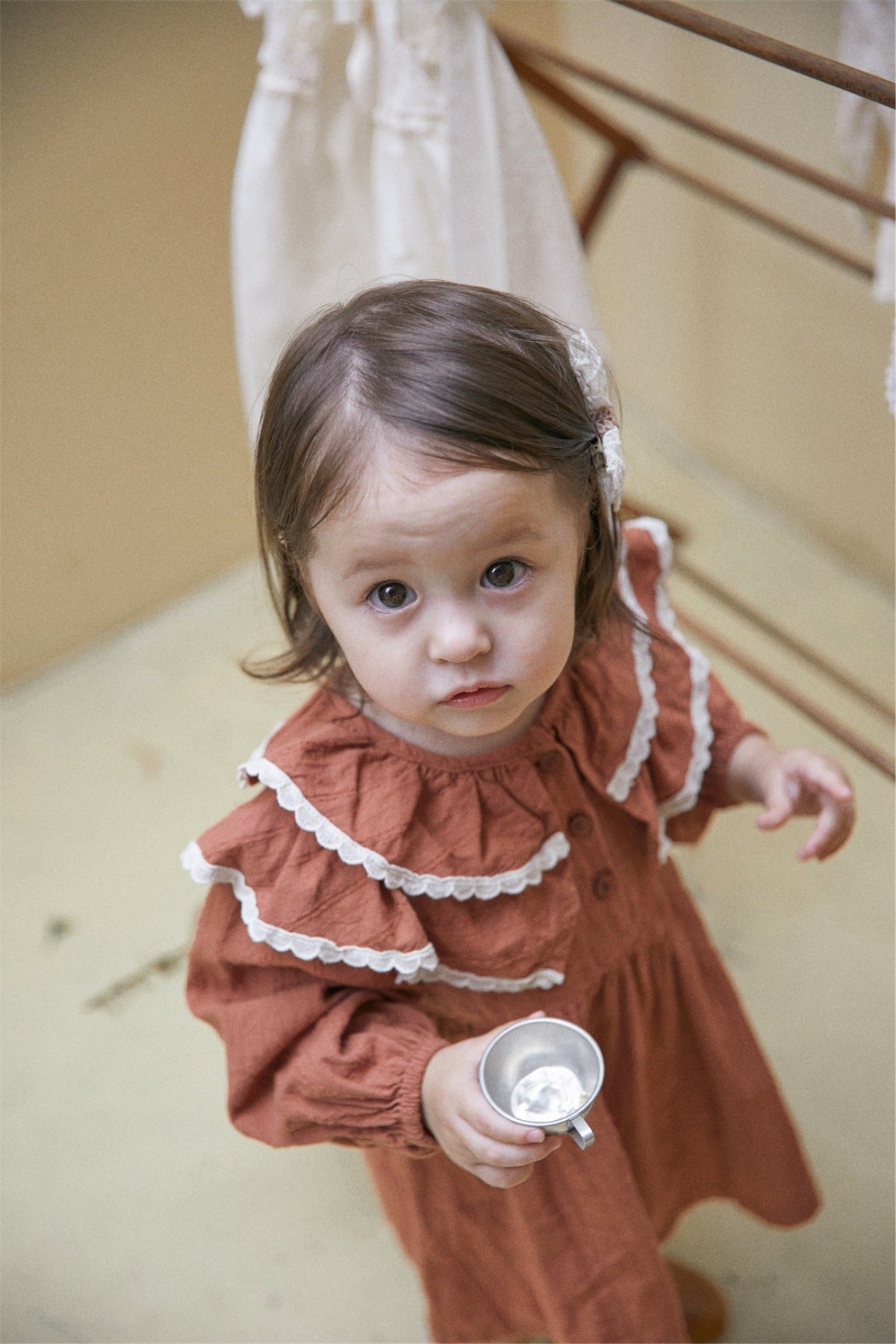 Infant Baby Girl Double Layer Laces Lapel Dress&Onesie in pink with lace detailing, perfect for spring and autumn wear.