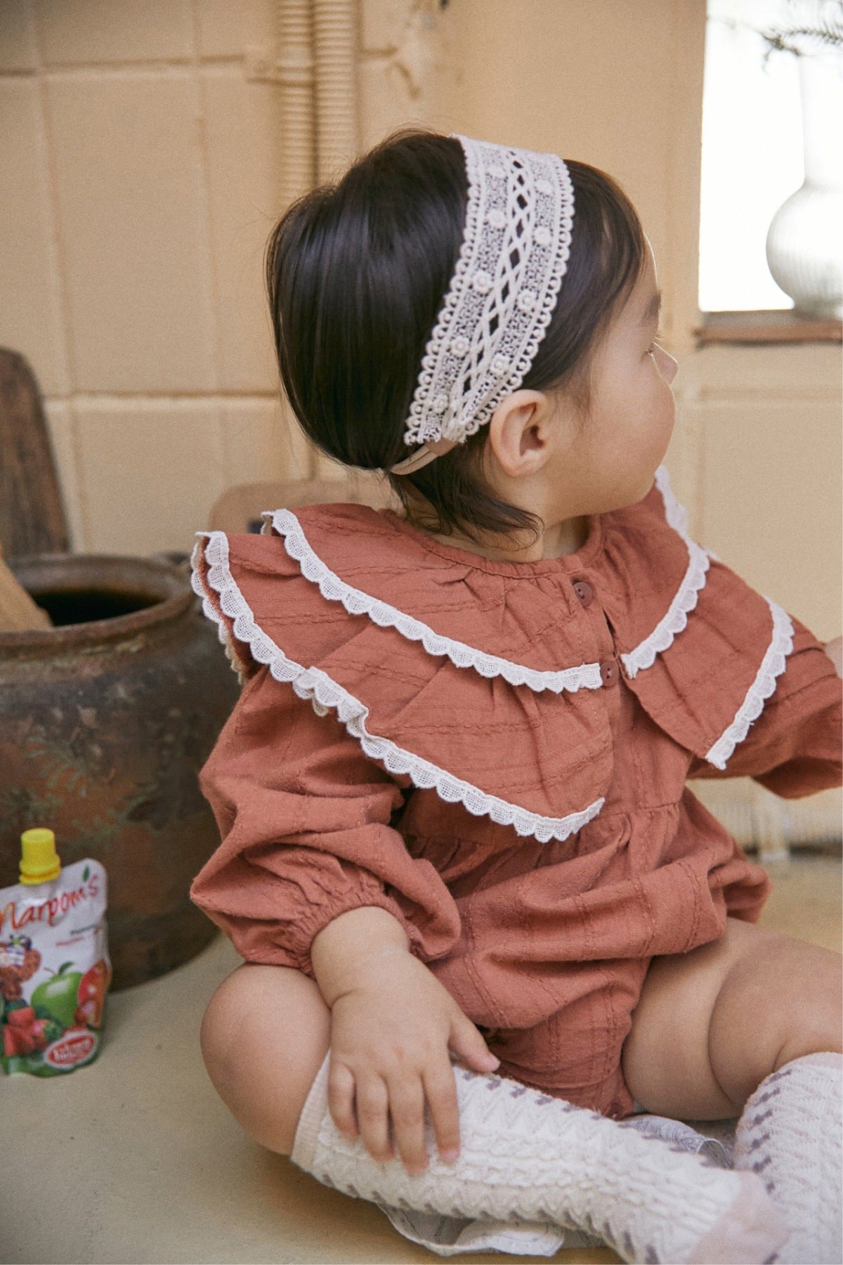 Infant Baby Girl Double Layer Laces Lapel Dress&Onesie in pink with lace detailing, perfect for spring and autumn wear.
