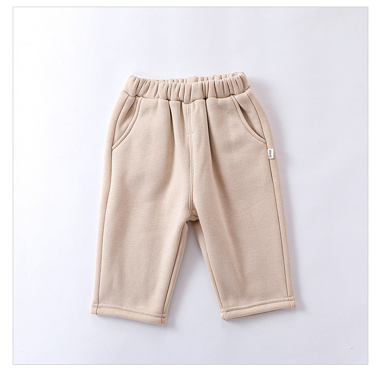 Infant baby girls velvet winter pants in four colors: navy blue, green, apricot, and brown, showcasing soft fabric and stylish design.