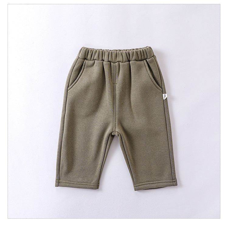 Infant baby girls velvet winter pants in four colors: navy blue, green, apricot, and brown, showcasing soft fabric and stylish design.