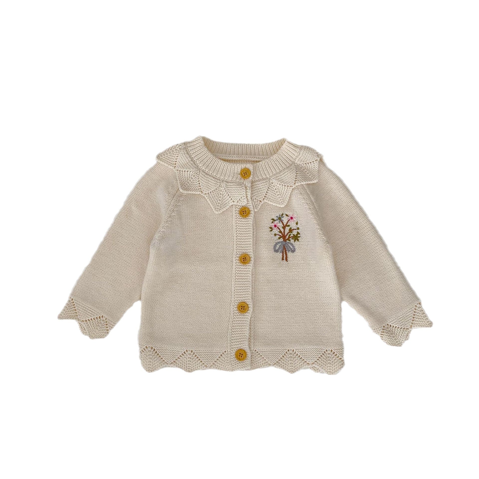 Infant baby girls beige cardigan with embroidery and jacquard pattern, featuring long sleeves and a stylish design.