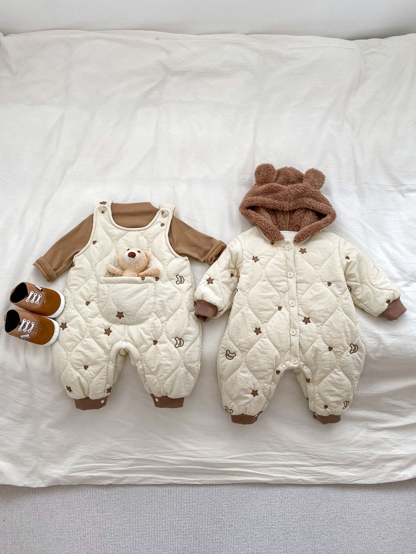 Infant Baby Star Embroidery Thicken Long Sleeve Jumpsuit in beige, featuring star embroidery, perfect for winter wear.