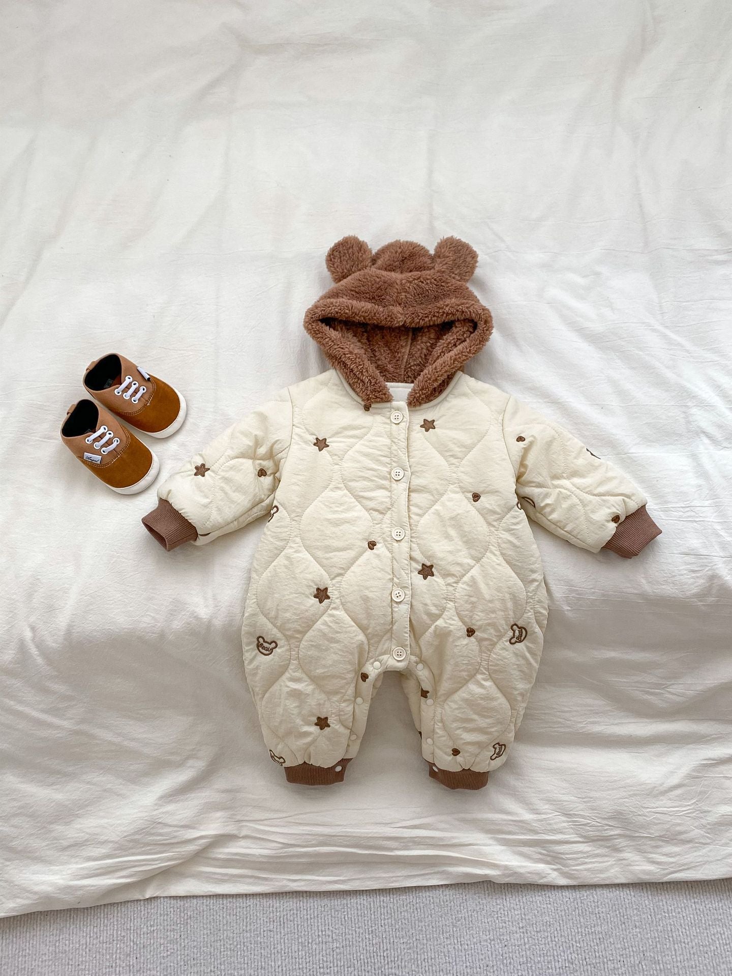 Infant Baby Star Embroidery Thicken Long Sleeve Jumpsuit in beige, featuring star embroidery, perfect for winter wear.