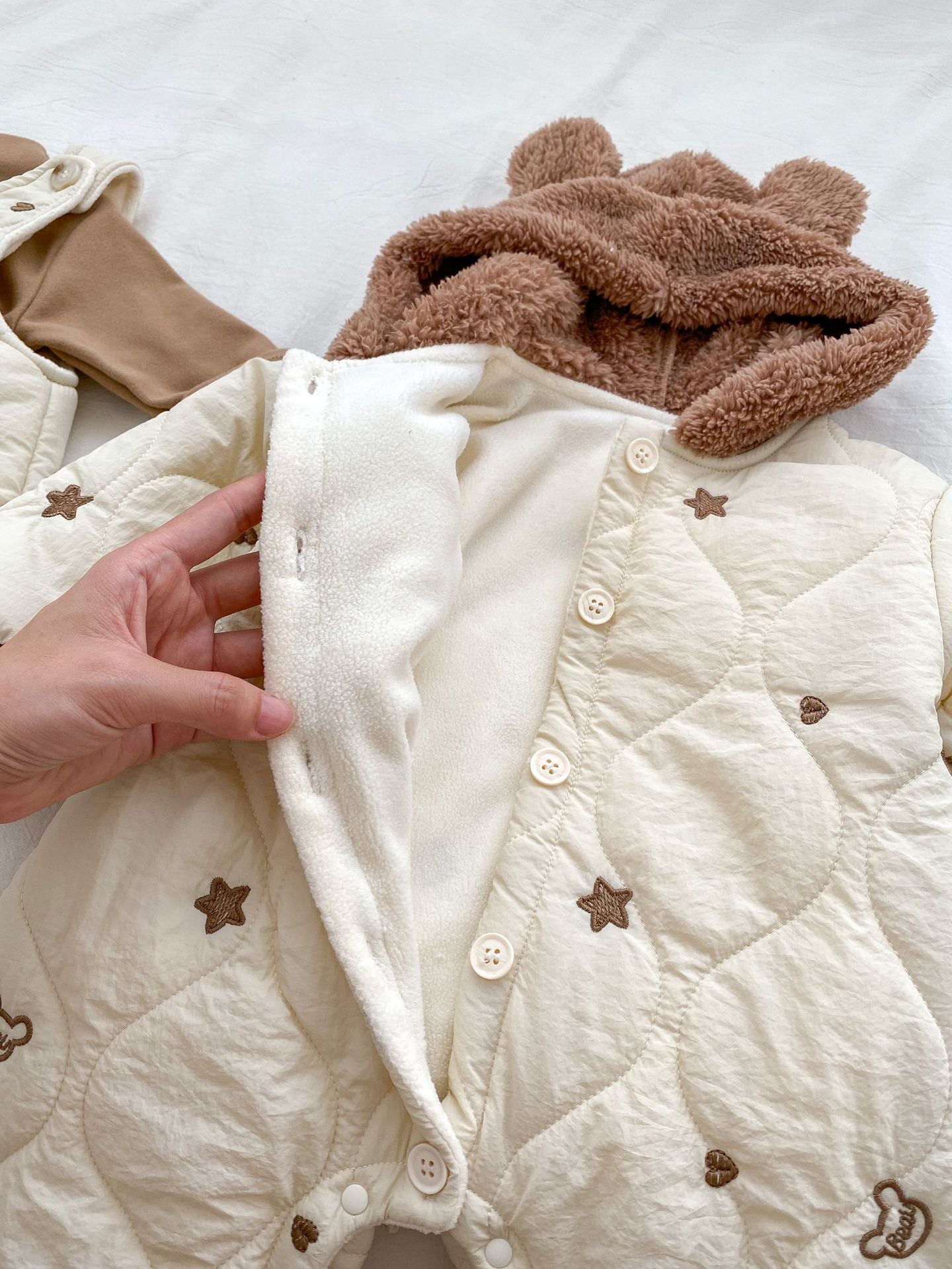 Infant Baby Star Embroidery Thicken Long Sleeve Jumpsuit in beige, featuring star embroidery, perfect for winter wear.