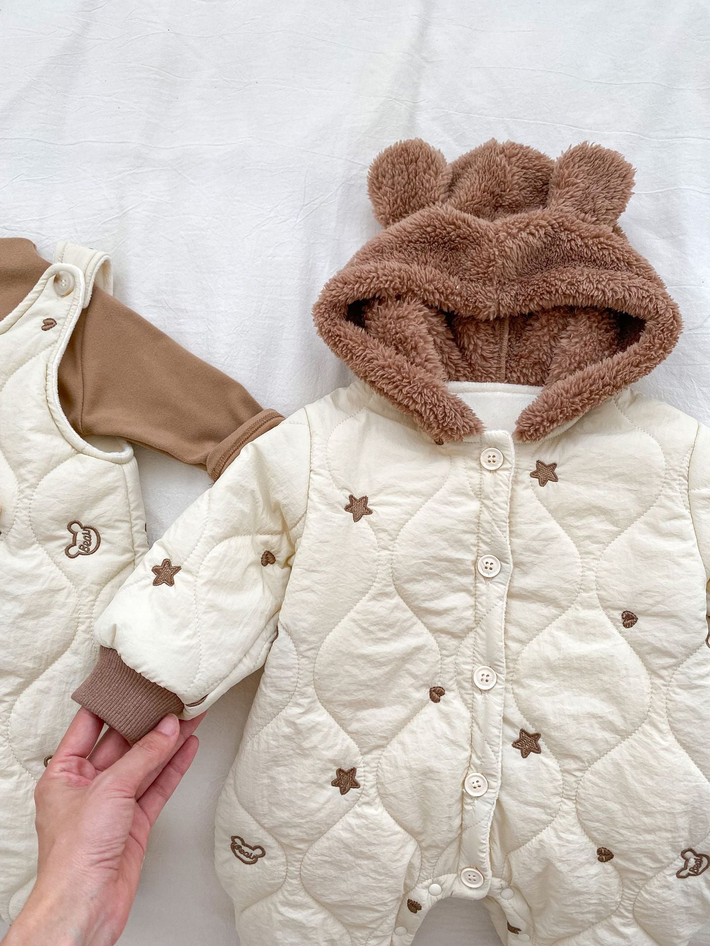 Infant Baby Star Embroidery Thicken Long Sleeve Jumpsuit in beige, featuring star embroidery, perfect for winter wear.