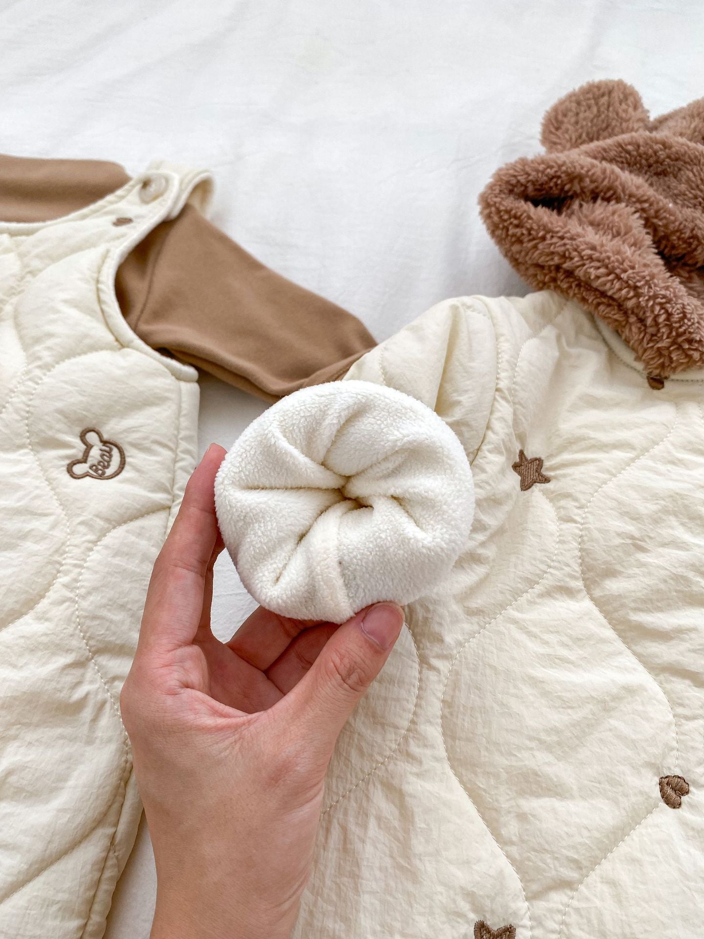 Infant Baby Star Embroidery Thicken Long Sleeve Jumpsuit in beige, featuring star embroidery, perfect for winter wear.