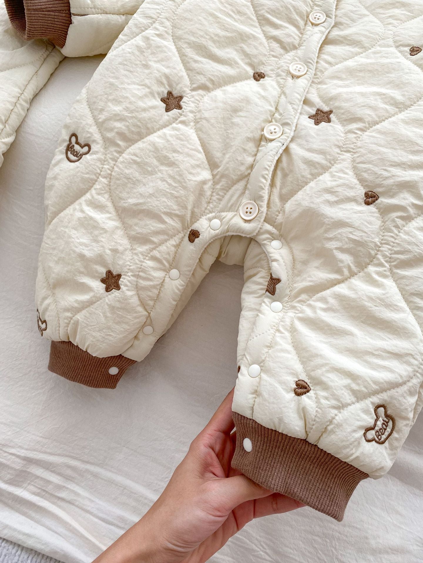 Infant Baby Star Embroidery Thicken Long Sleeve Jumpsuit in beige, featuring star embroidery, perfect for winter wear.