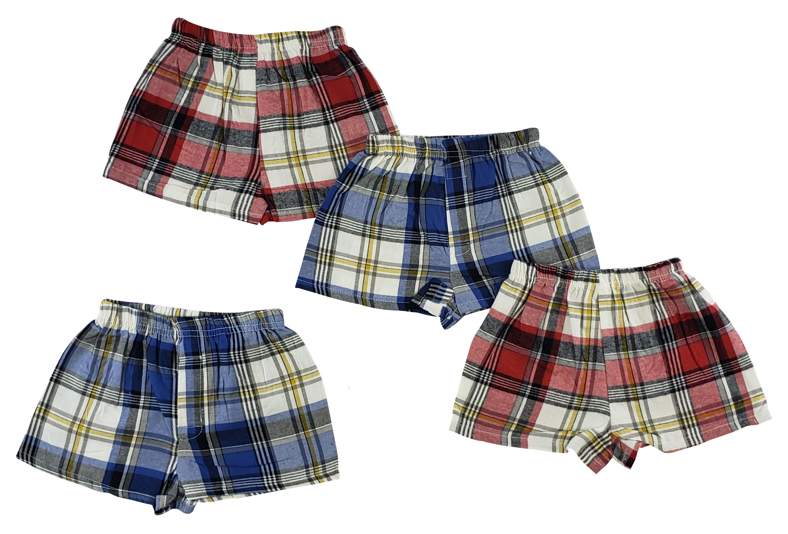 A colorful set of infant boxer shorts in blue and red, designed for boys aged 0-4 years, featuring a soft and breathable fabric.