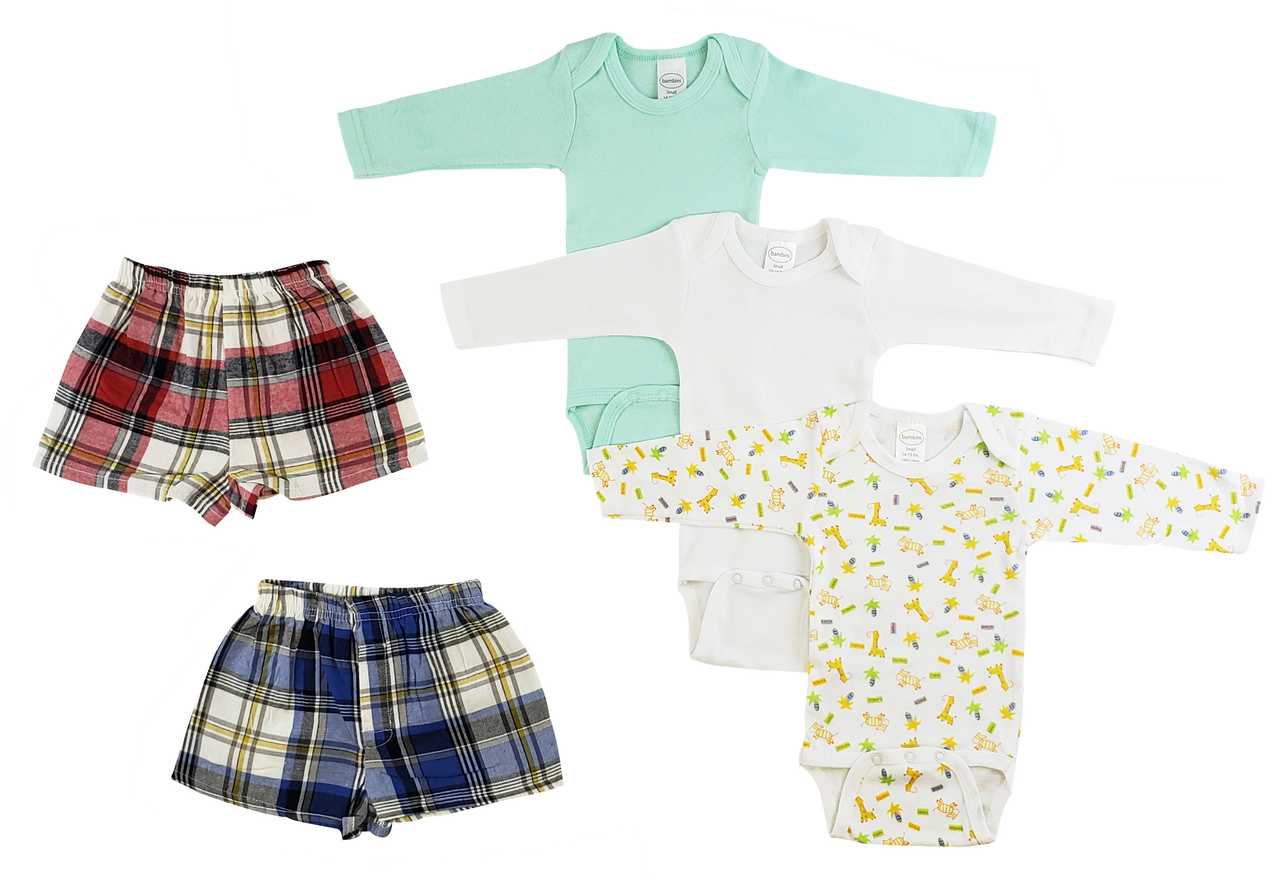 Infant boys long sleeve onezies in various fun prints, paired with comfortable boxer shorts, showcasing soft cotton fabric and stylish designs.