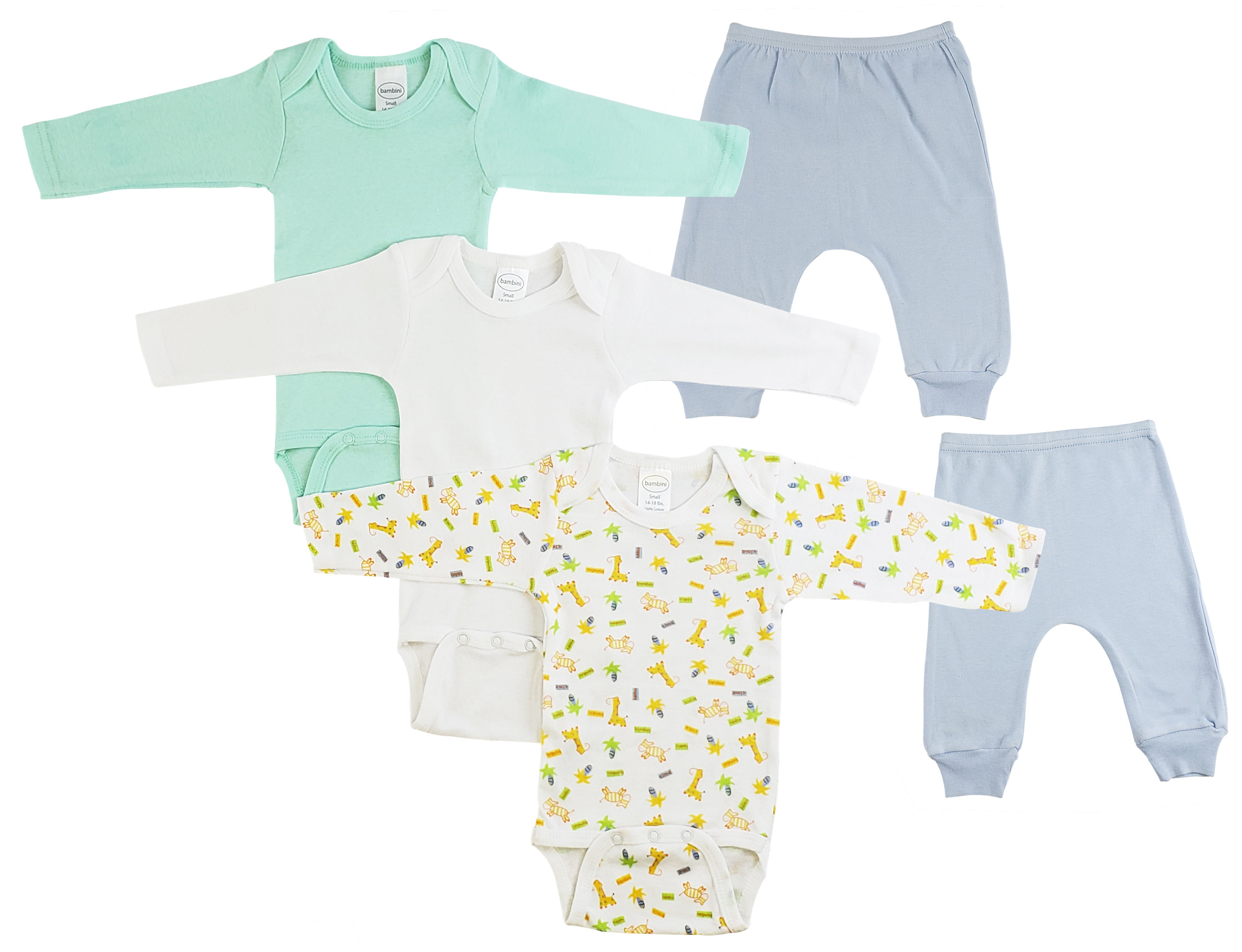 Infant boys long sleeve onezies and joggers set in various prints, showcasing soft cotton fabric and comfortable design.
