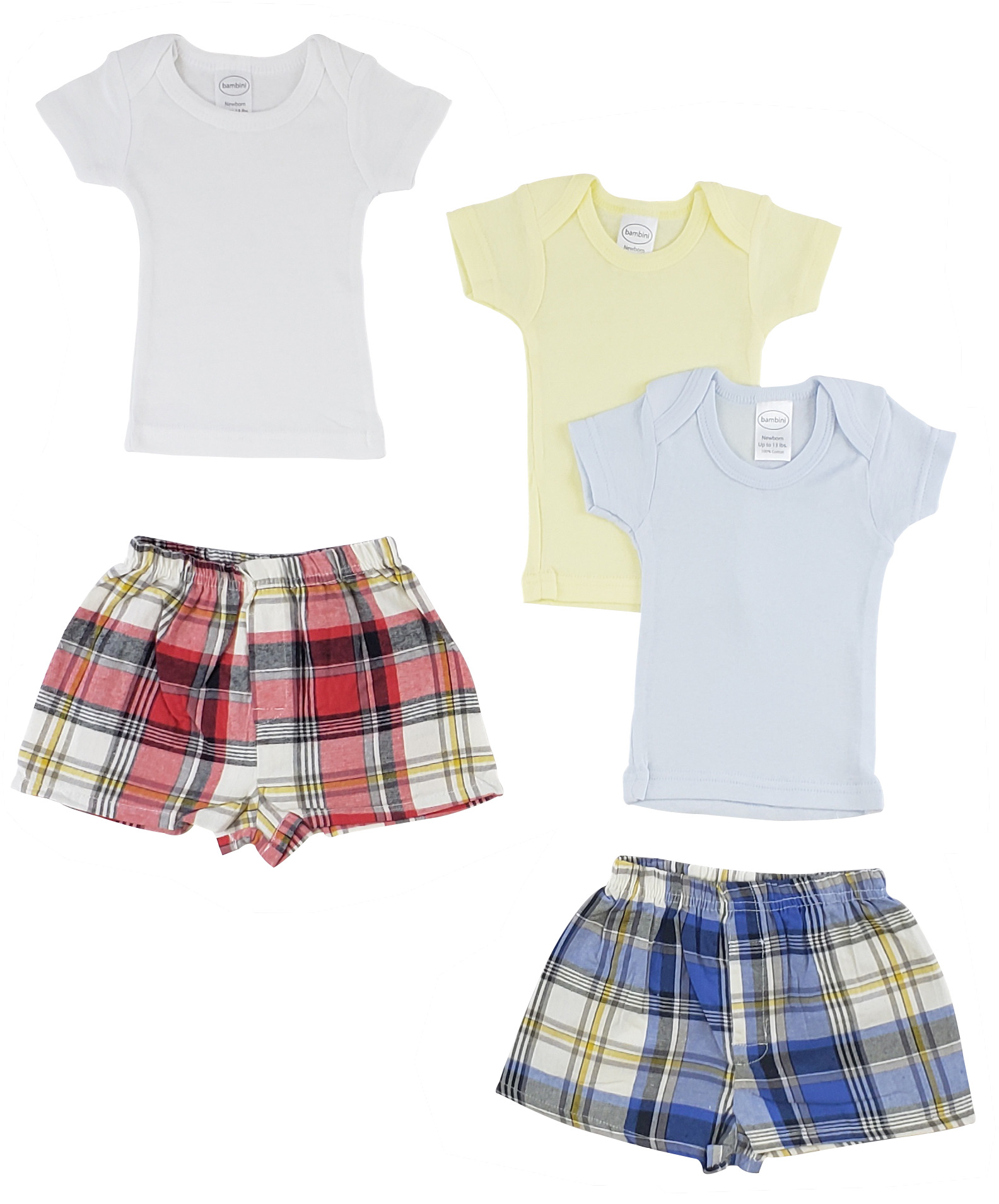A pack of infant boys t-shirts and boxer shorts made from 100% cotton, featuring a variety of colors and a snap button shoulder design.
