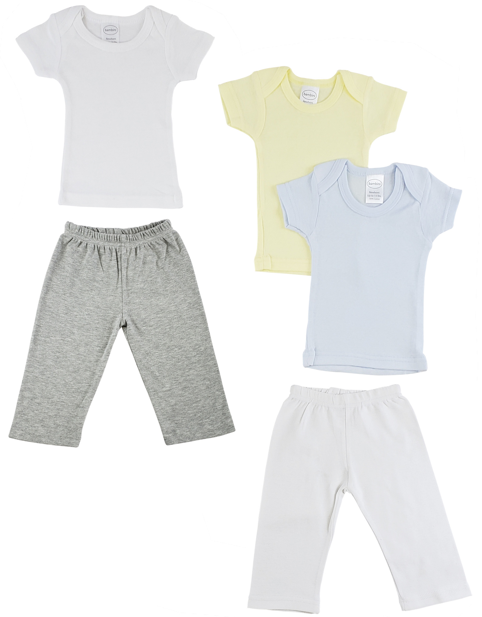 A pack of infant boys t-shirts and track sweatpants in heather grey, showcasing soft cotton fabric and snap button shoulder design.