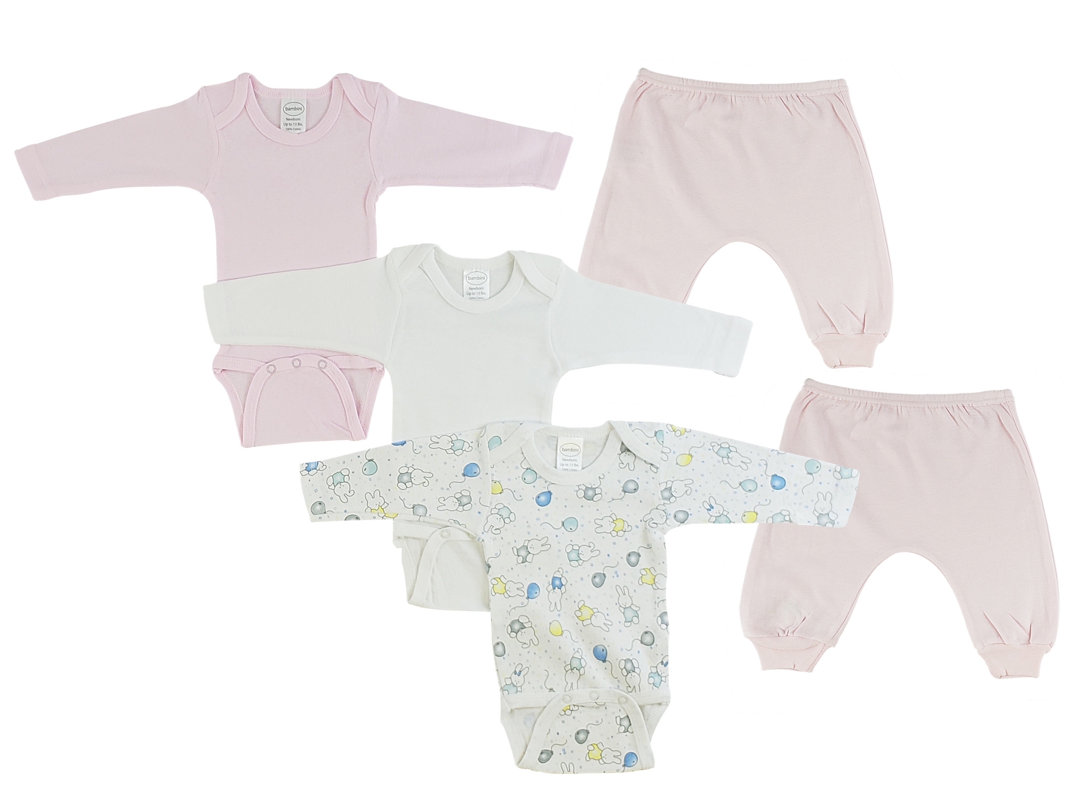 Infant girls long sleeve onezies and joggers in various prints, made from 100% cotton, showcasing comfort and style.