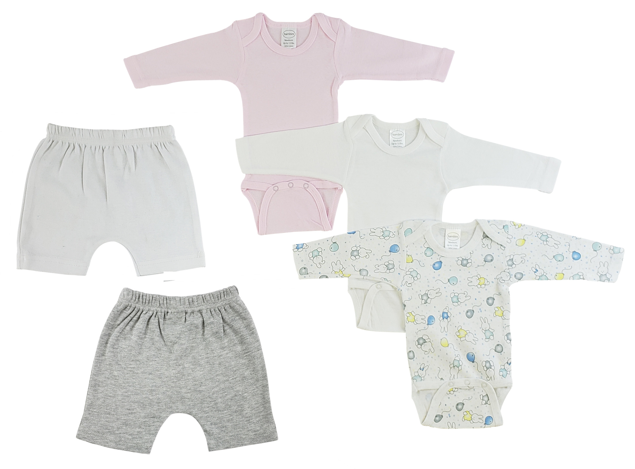 Infant girls long sleeve onezies and pants in various prints, showcasing soft cotton fabric and expandable neckline.