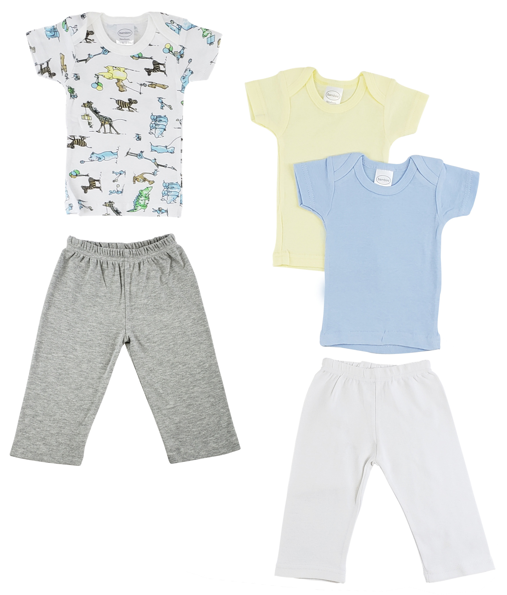 A collection of infant girls t-shirts and track sweatpants in various colors and prints, showcasing their soft cotton fabric and snap button design.