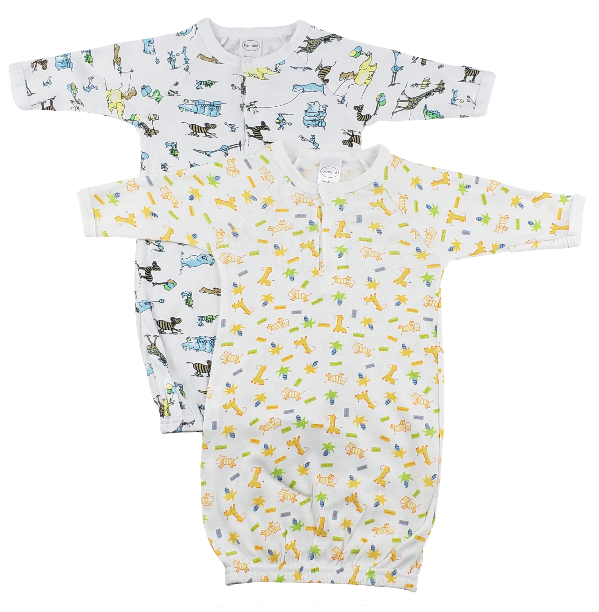 Two soft cotton infant gowns in unisex prints, perfect for newborns, displayed together.