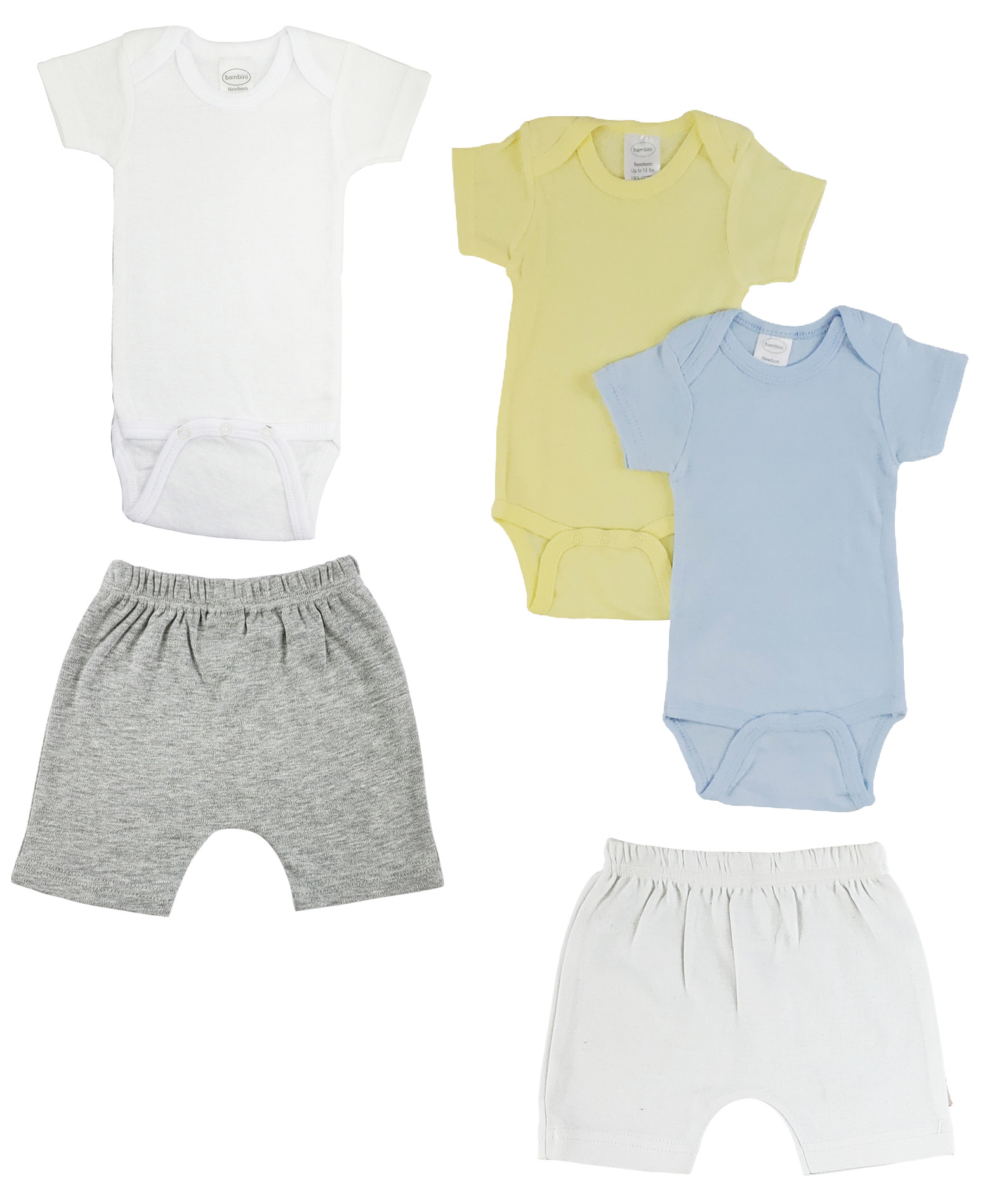 Infant onezies and pants set made from 100% cotton, featuring a short sleeve design and ribbed leg openings in classic white color.