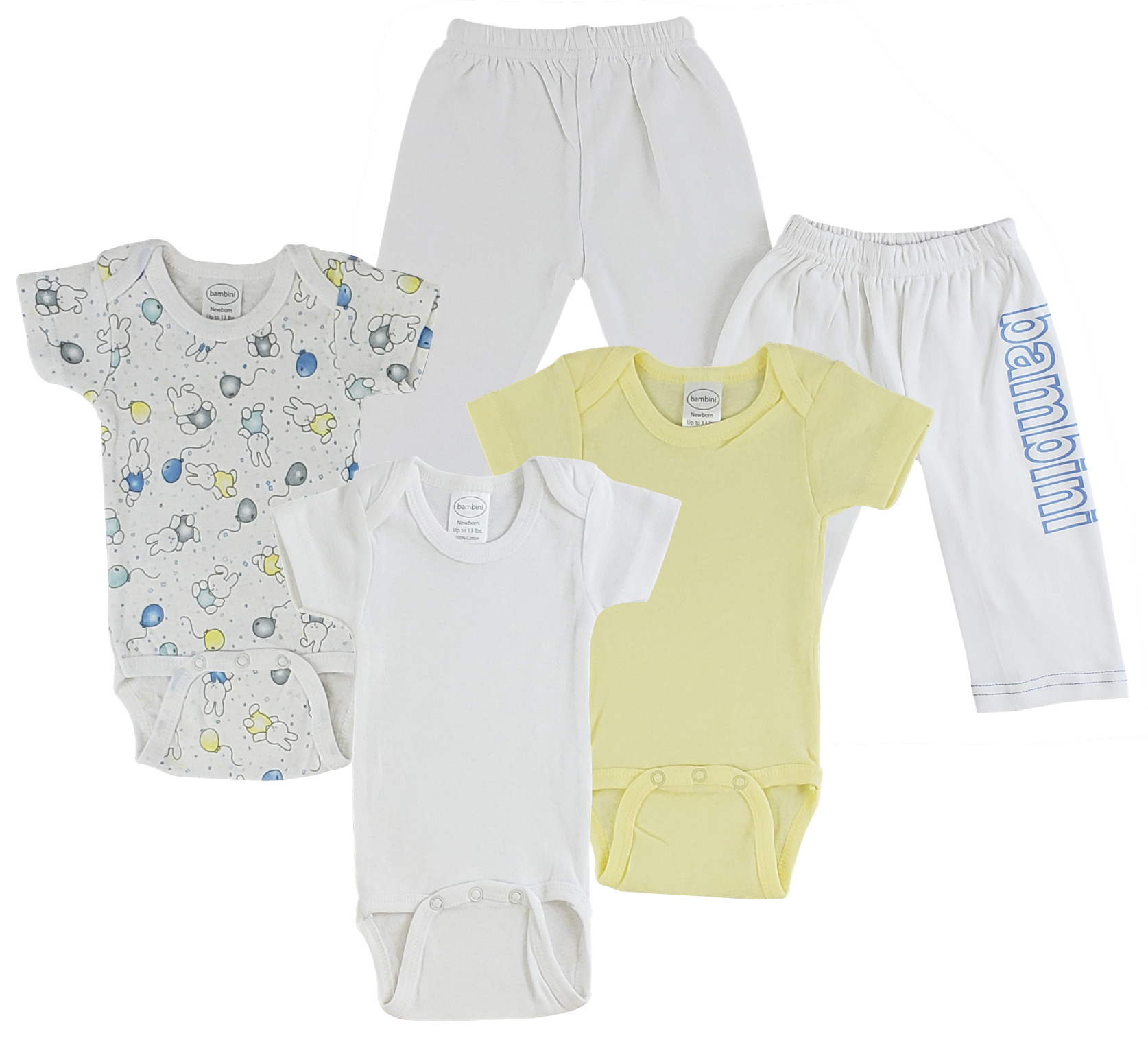 Infant onezies and track sweatpants made from 100% cotton, featuring short sleeves and a cozy design for babies.