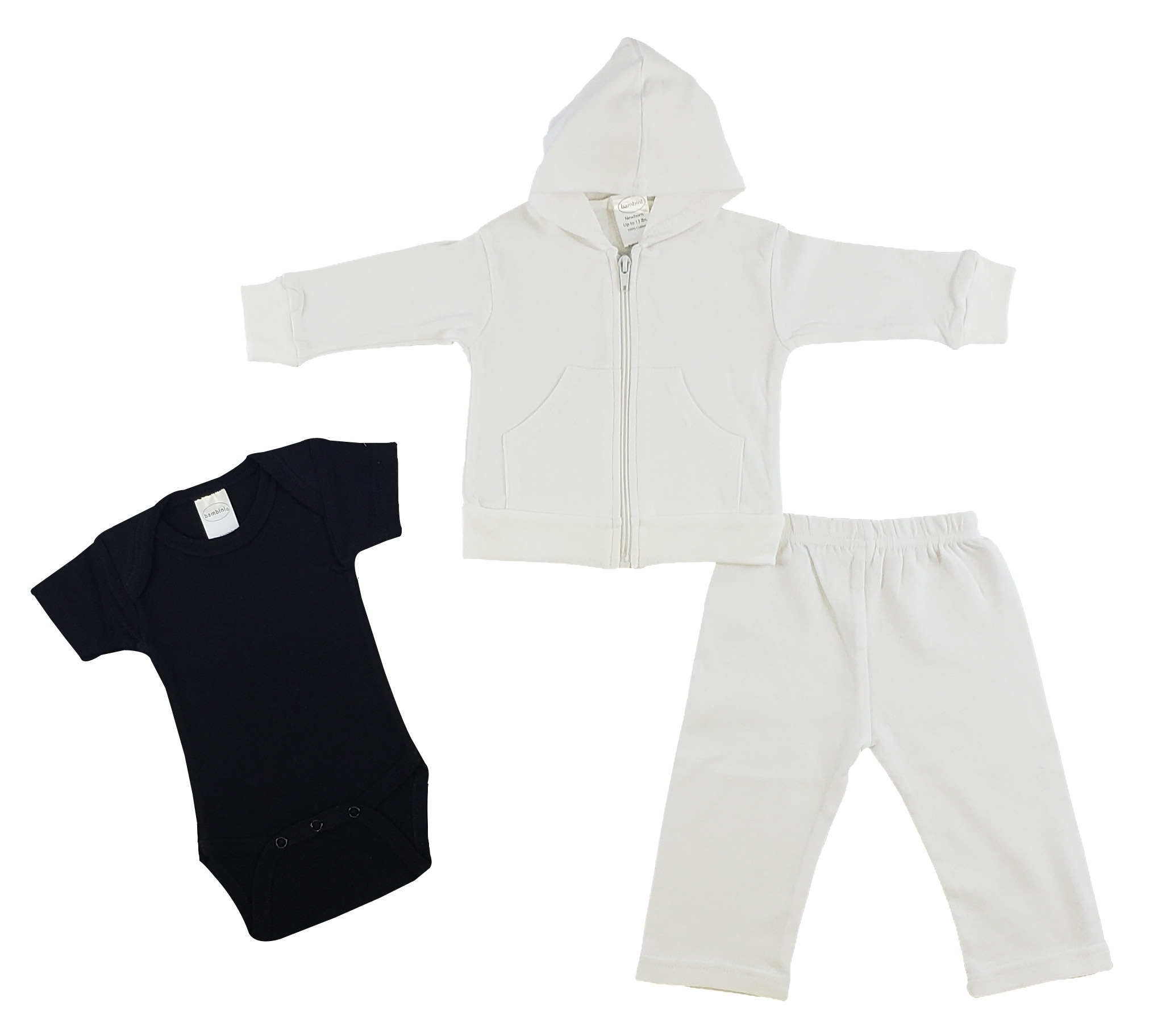 Infant 3 pc set including a white hoodie, white pants, and a black short sleeve onezie, all made from 100% cotton.