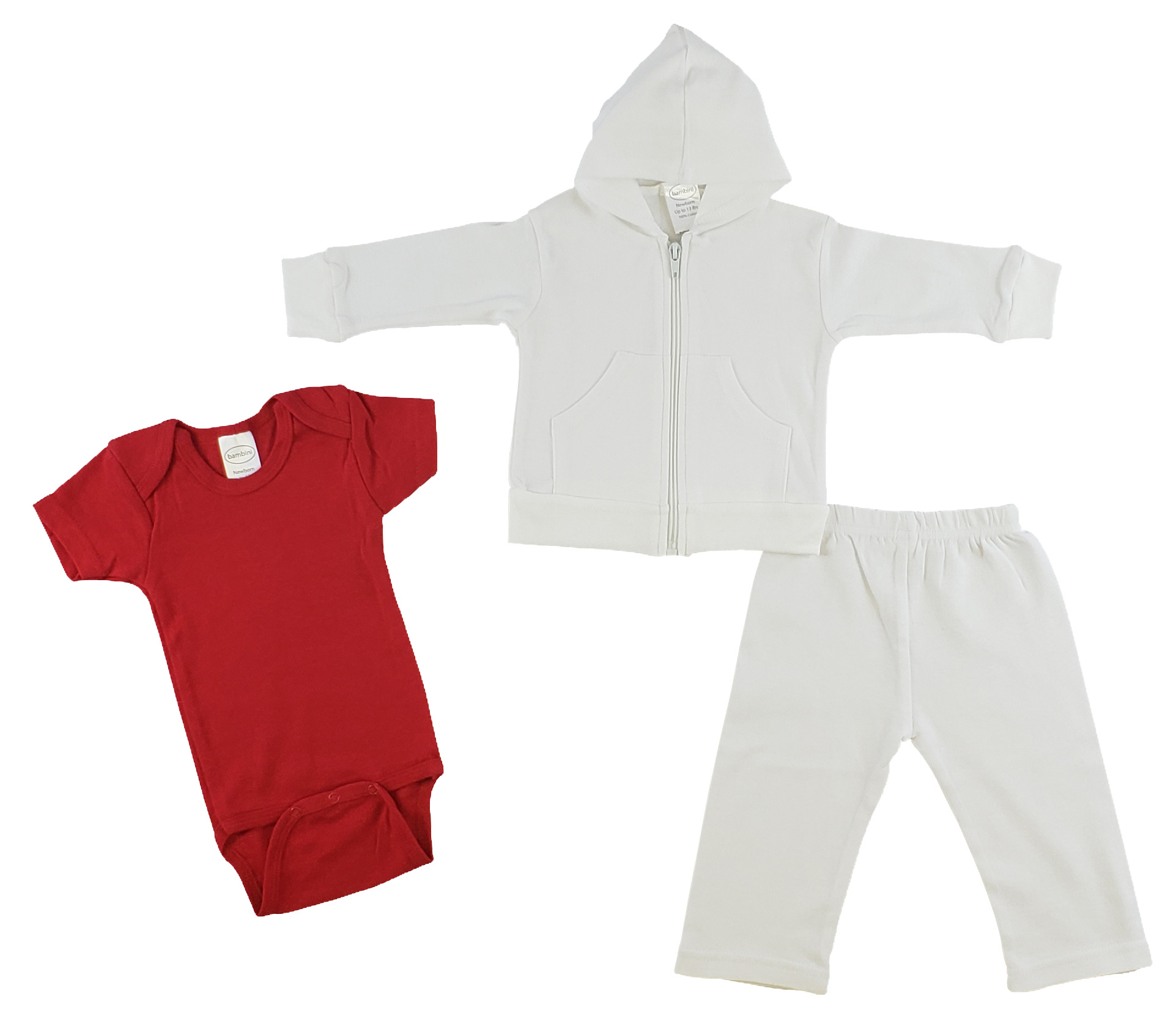 Infant 3 Pc Set featuring a white hoodie, white pants, and a red short sleeve onezie, all made from 100% cotton.