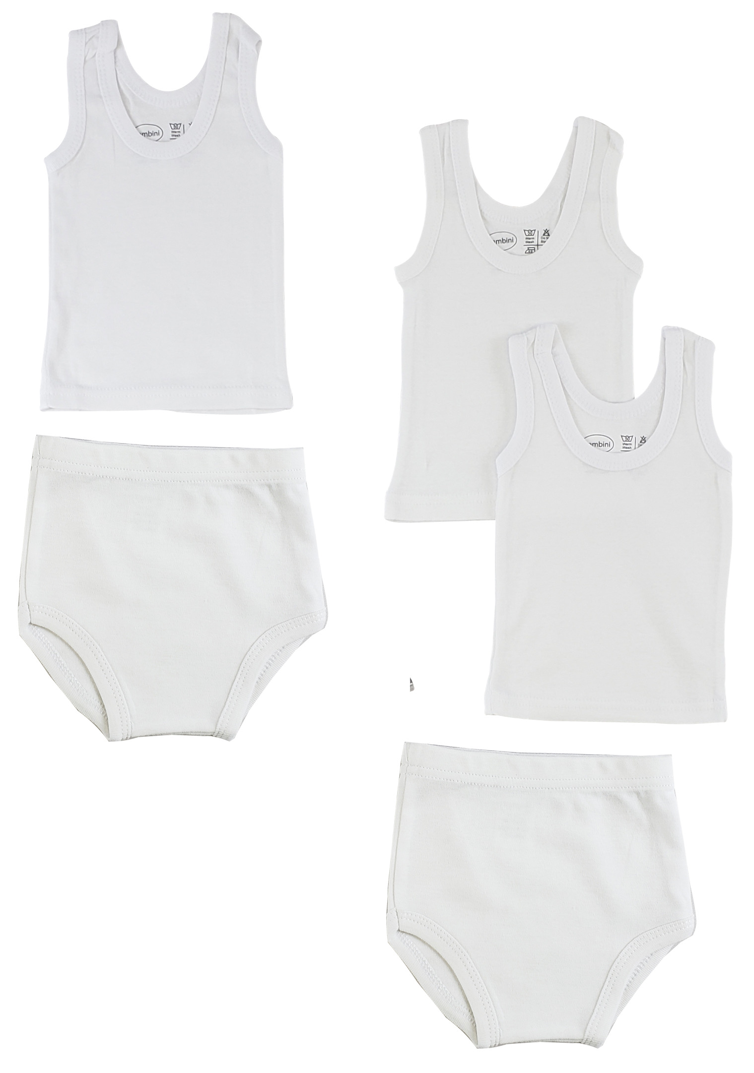 Infant tank tops and training pants made from 100% cotton, showcasing a soft and breathable fabric in various sizes.