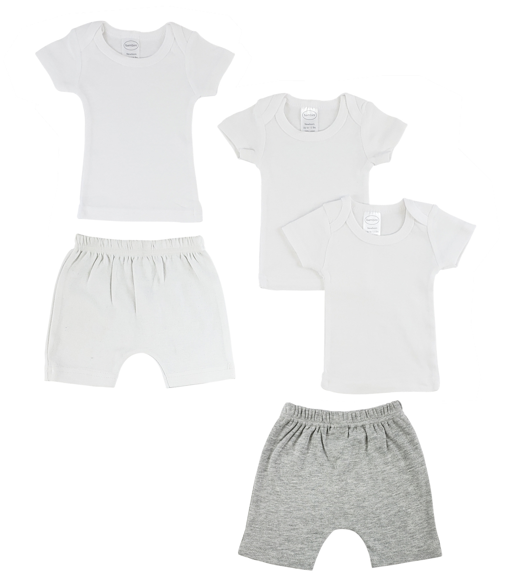 A pack of infant t-shirts and pants in various sizes, showcasing soft 100% cotton fabric, snap button shoulder neckline, and versatile colors.