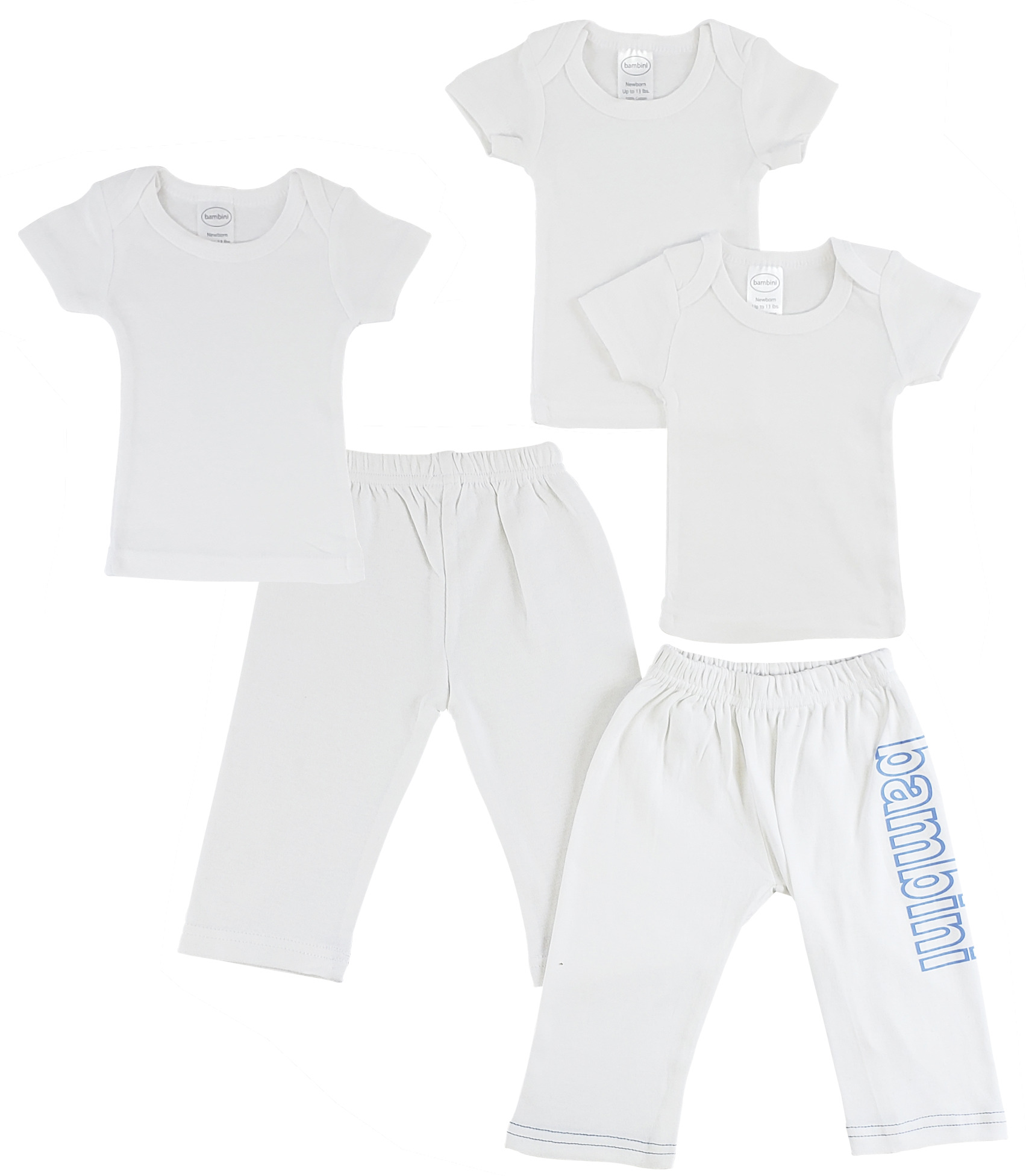 A pack of infant t-shirts and track sweatpants in various sizes, showcasing soft 100% cotton fabric and a snap button shoulder design.
