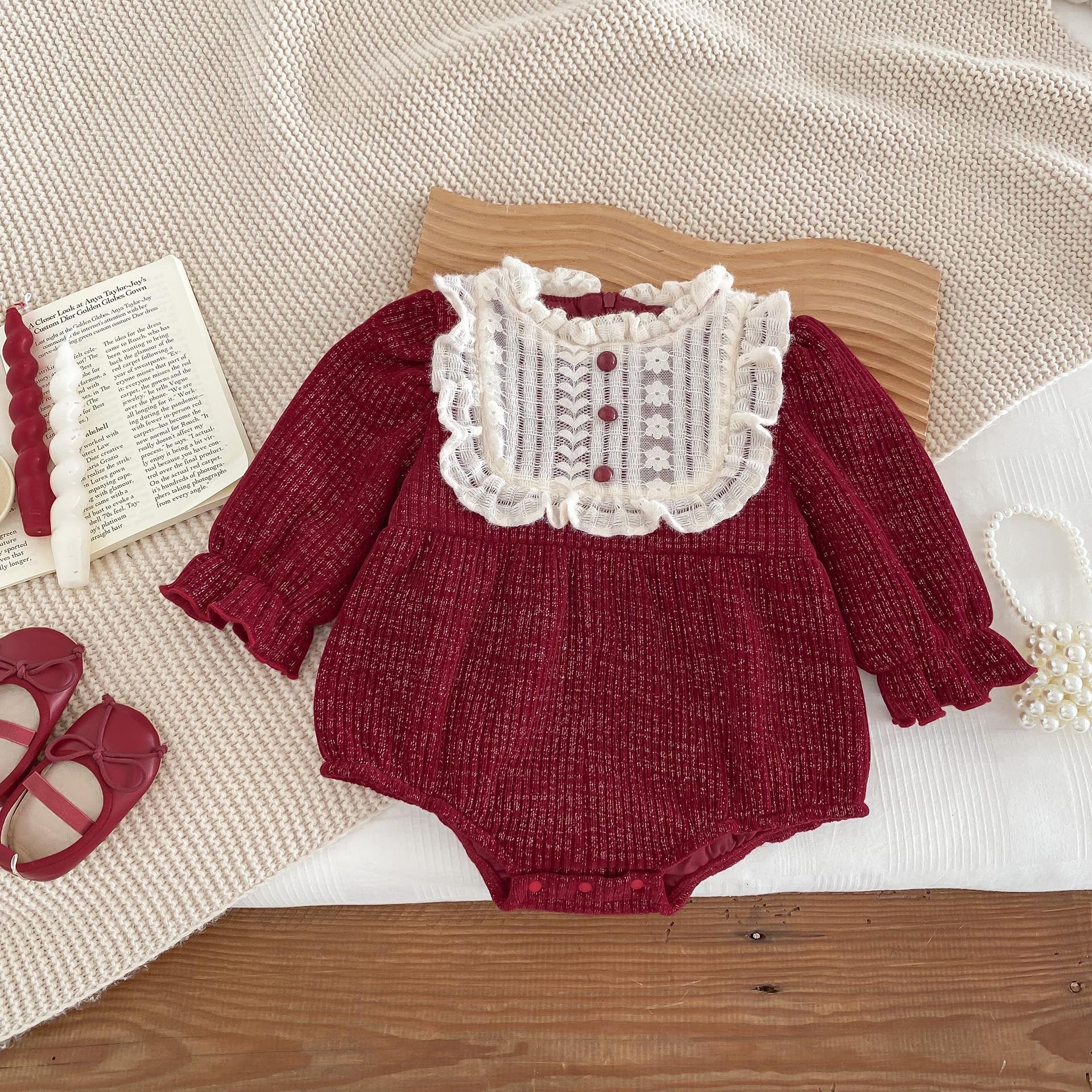 Ins Autumn&Winter Baby Girls Laces Round Collars Long Sleeve One Piece in vibrant red color, featuring a stylish round collar and long sleeves.