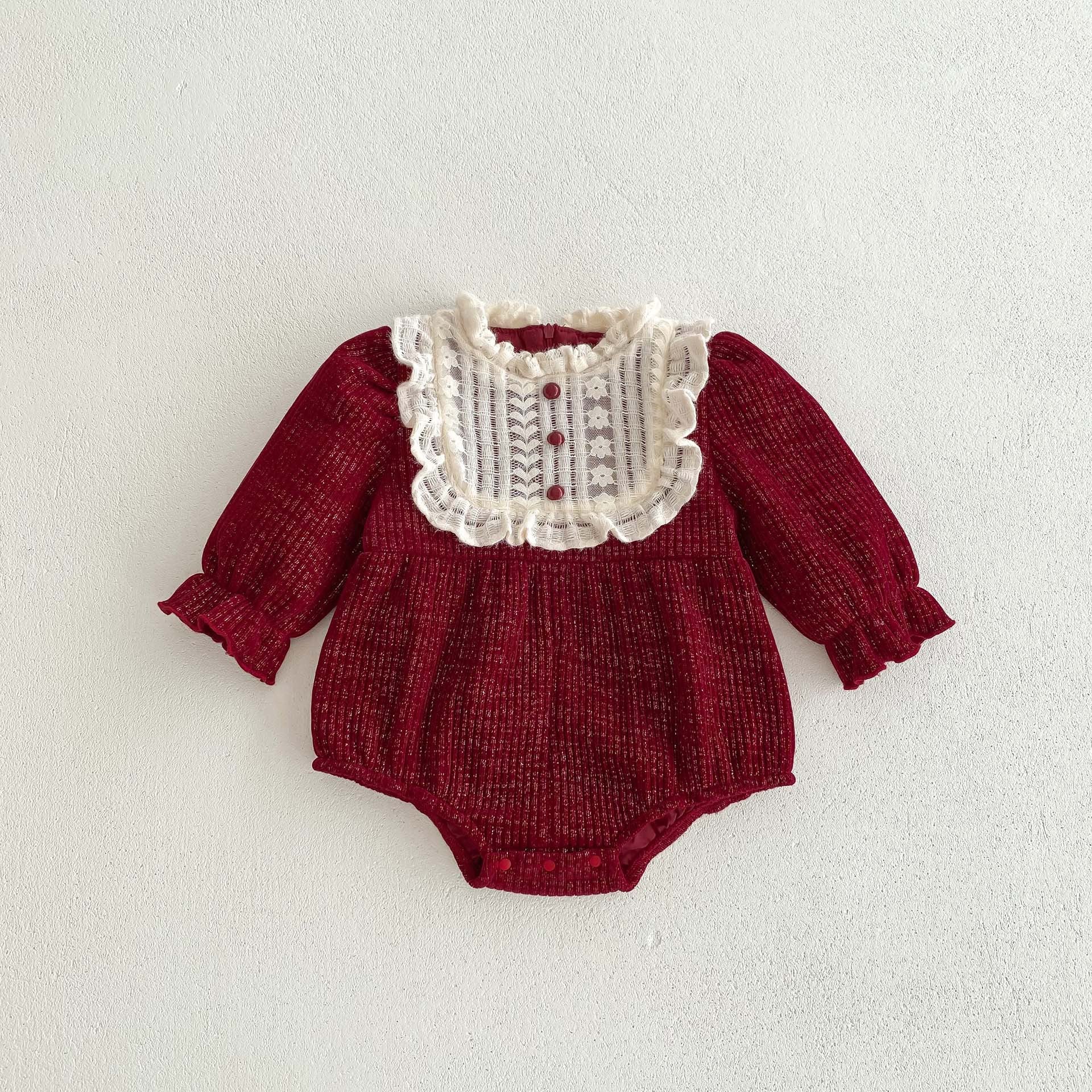 Ins Autumn&Winter Baby Girls Laces Round Collars Long Sleeve One Piece in vibrant red color, featuring a stylish round collar and long sleeves.