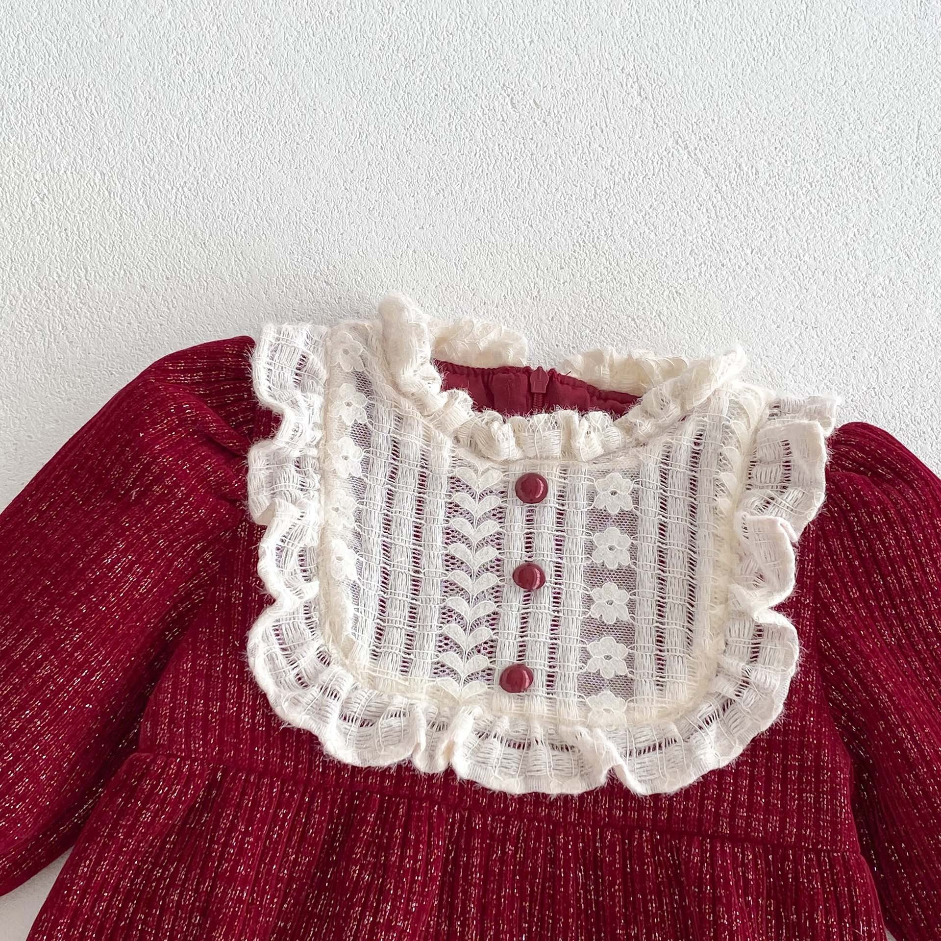 Ins Autumn&Winter Baby Girls Laces Round Collars Long Sleeve One Piece in vibrant red color, featuring a stylish round collar and long sleeves.