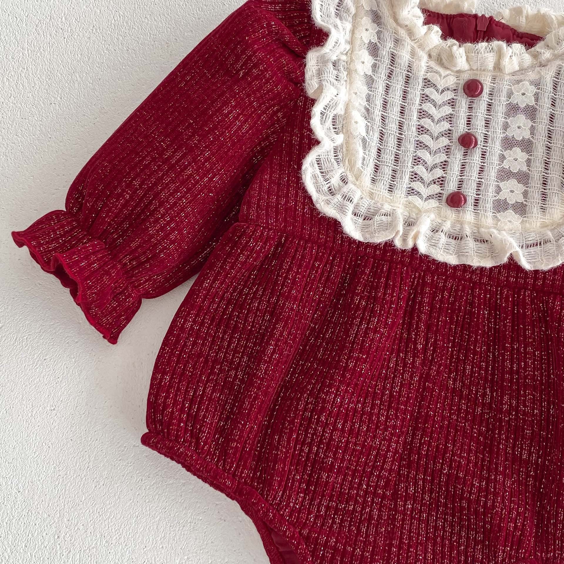 Ins Autumn&Winter Baby Girls Laces Round Collars Long Sleeve One Piece in vibrant red color, featuring a stylish round collar and long sleeves.