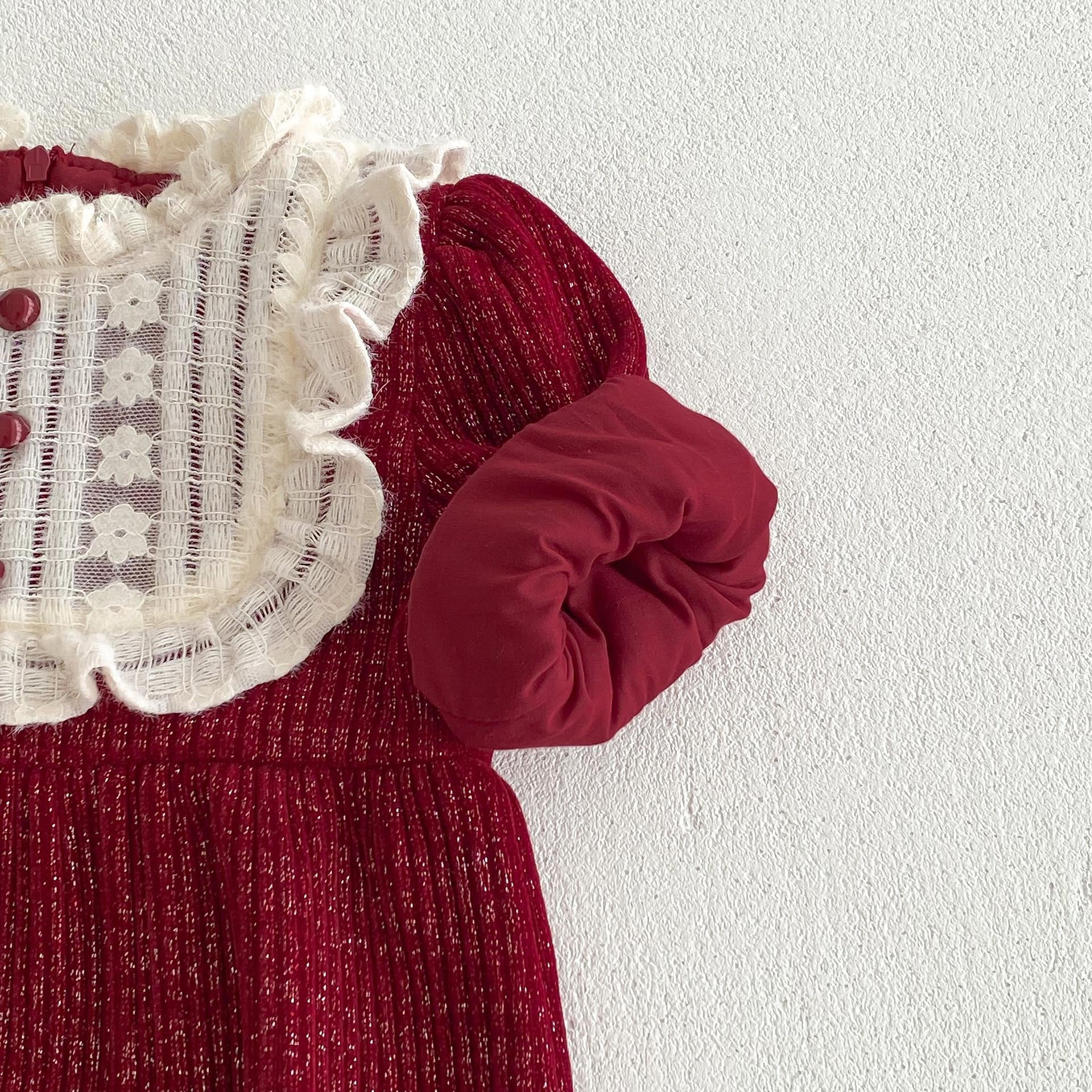 Ins Autumn&Winter Baby Girls Laces Round Collars Long Sleeve One Piece in vibrant red color, featuring a stylish round collar and long sleeves.