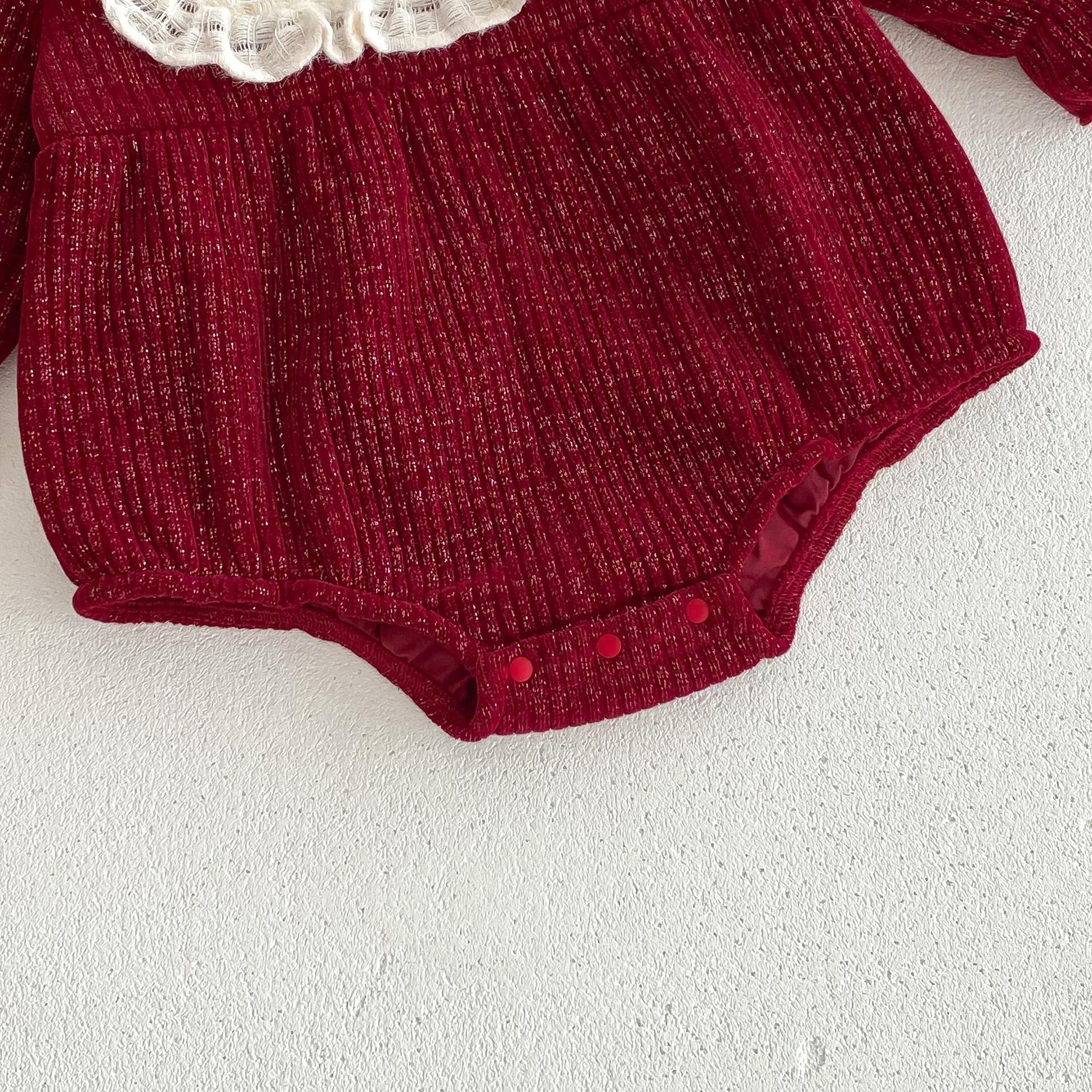 Ins Autumn&Winter Baby Girls Laces Round Collars Long Sleeve One Piece in vibrant red color, featuring a stylish round collar and long sleeves.