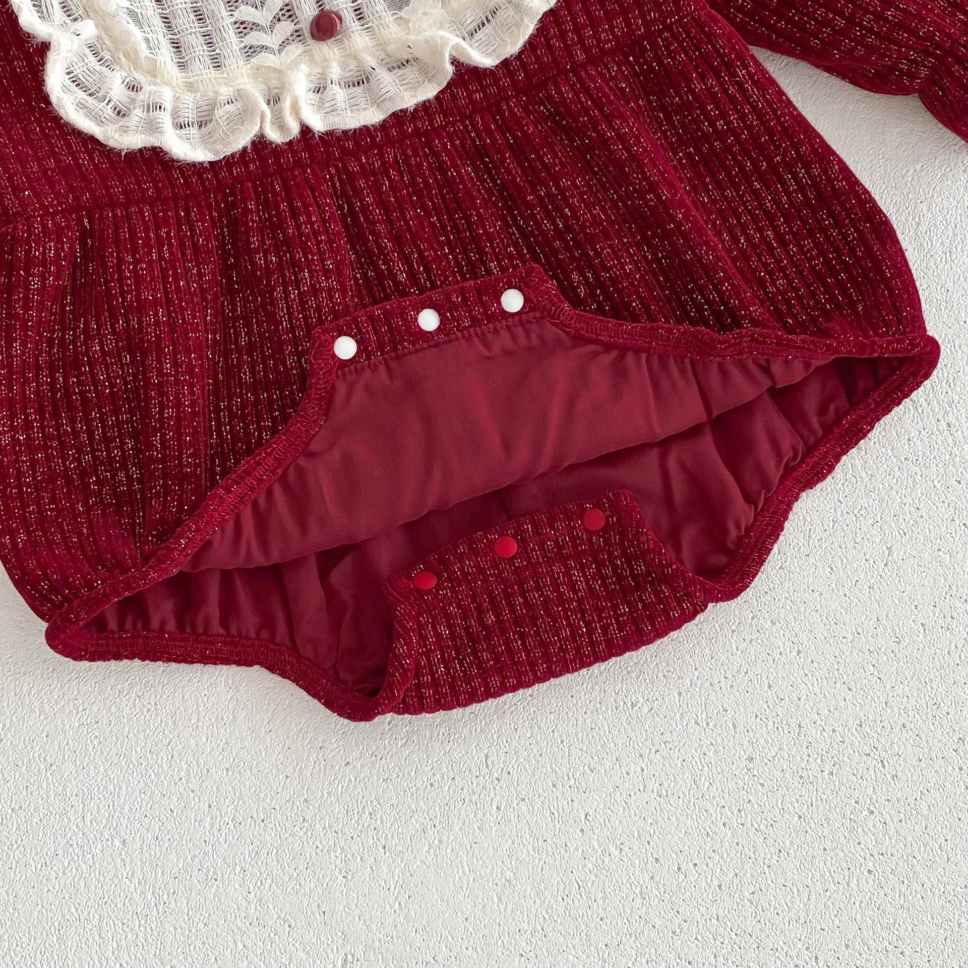 Ins Autumn&Winter Baby Girls Laces Round Collars Long Sleeve One Piece in vibrant red color, featuring a stylish round collar and long sleeves.