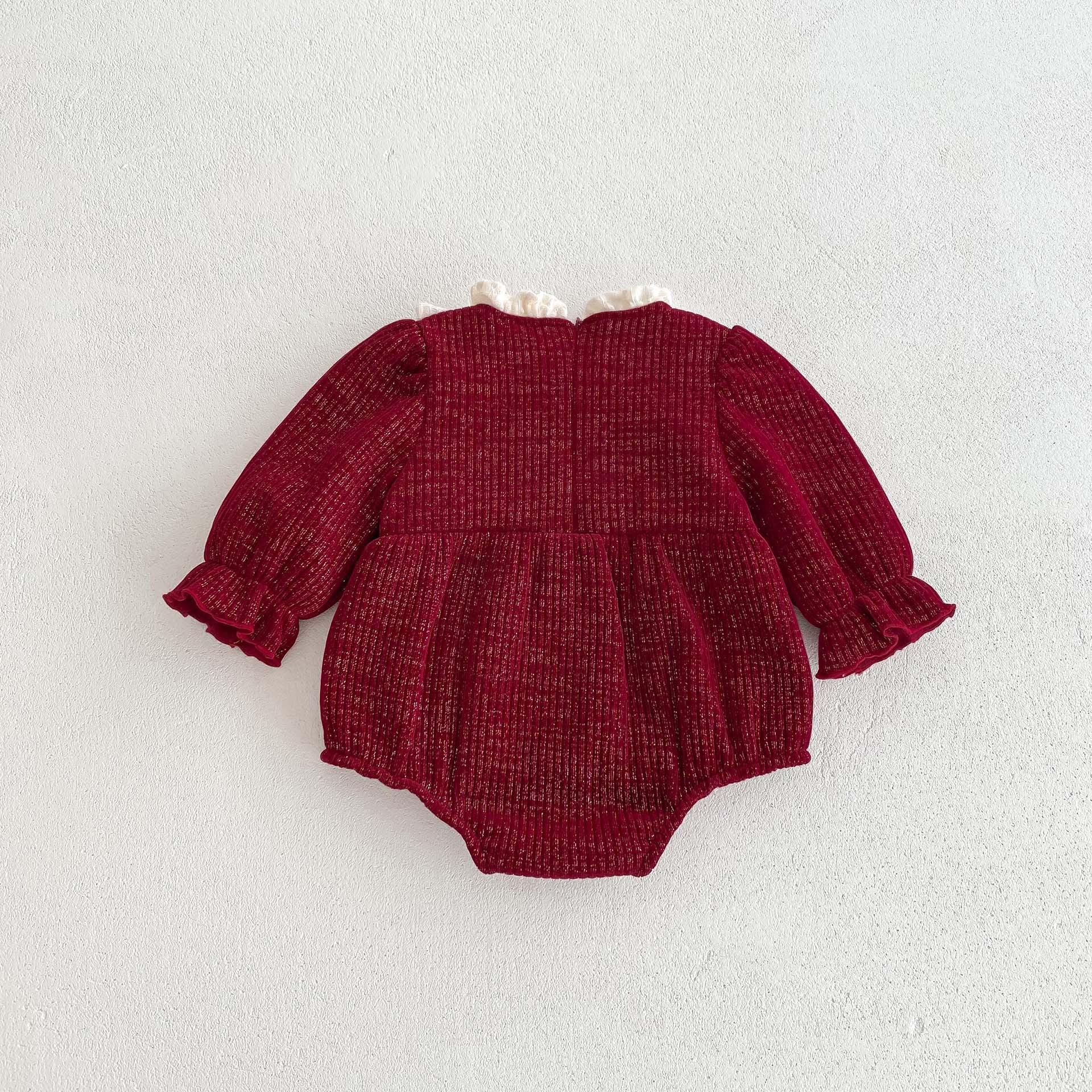 Ins Autumn&Winter Baby Girls Laces Round Collars Long Sleeve One Piece in vibrant red color, featuring a stylish round collar and long sleeves.
