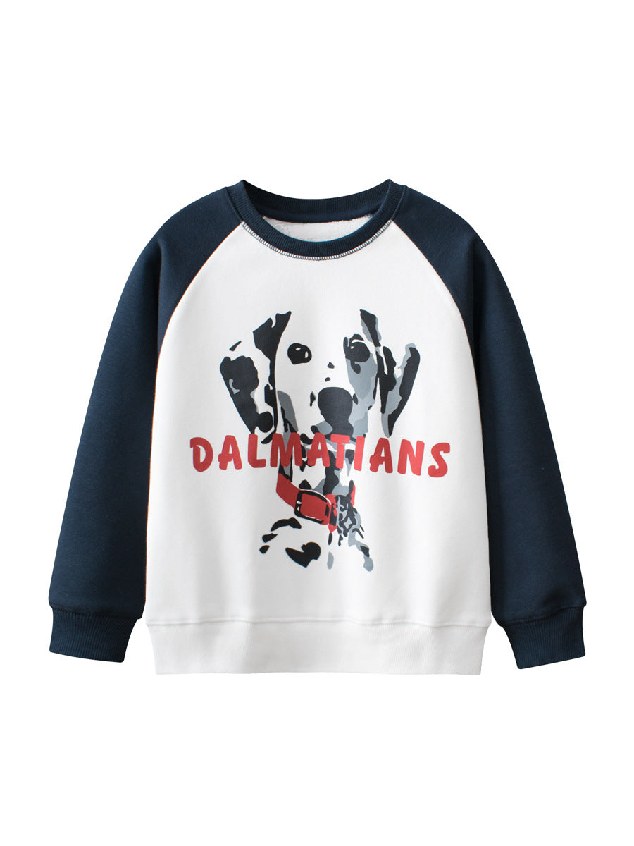Kids fleece pullover featuring cartoon pet dogs design in navy blue, suitable for boys and girls.