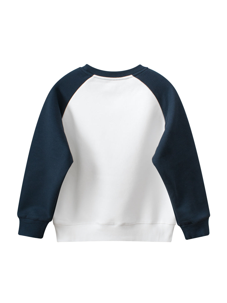 Kids fleece pullover featuring cartoon pet dogs design in navy blue, suitable for boys and girls.